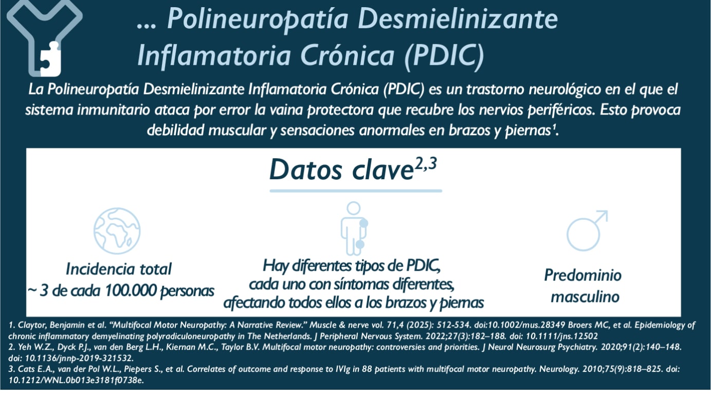 … la polineuropatía desmielinizante inflamatoria crónica (PDIC)? La polineuropatía desmielinizante inflamatoria crónica (PDIC) es un trastorno neurológico en el que el sistema inmunitario ataca por error la vaina protectora que recubre los nervios periféricos. Esto provoca debilidad muscular y sensaciones anómalas en los brazos y las piernas. Datos clave: - Incidencia total ~3 de cada 100 000 personas - Existen varios tipos de PDIC, cada uno con síntomas diferentes, pero todos afectan a los brazos y las piernas - Predominio masculino