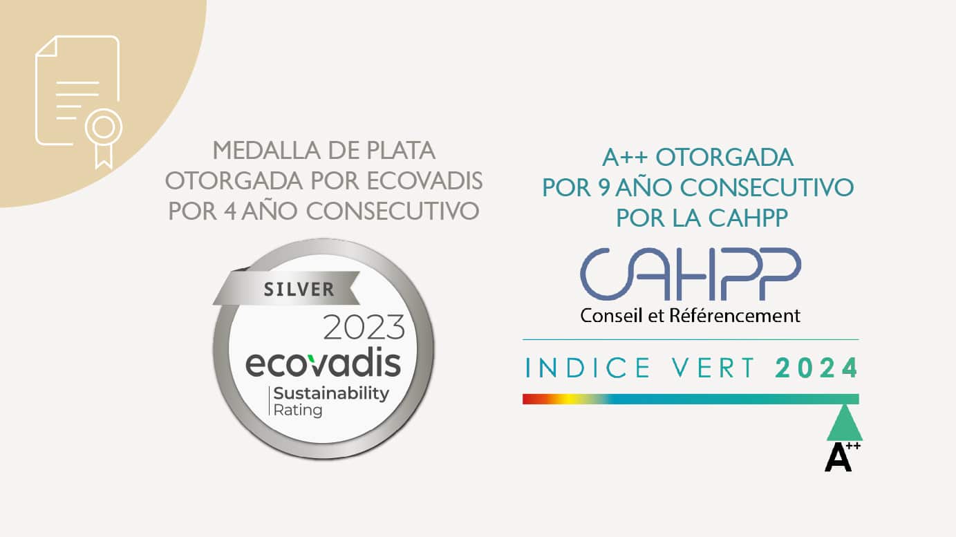 Medalla de plata otorgada por Eccovadis por 4 anos consecutivo A++ otorgada por 9 anos consecutivo por la CAHPP.