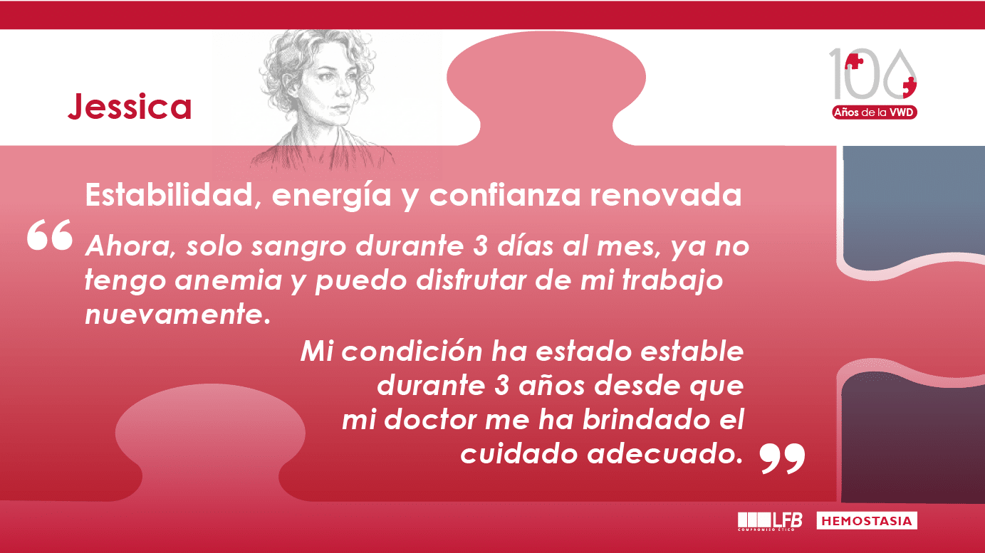 Jessica, estabilidad, energía y confianza renovada: Ahora solo tengo sangrados durante 3 días al mes, ya no tengo anemia y puedo disfrutar nuevamente de mi trabajo. Mi condición ha sido estable durante 3 años desde que mi médico me brindó el tratamiento adecuado.